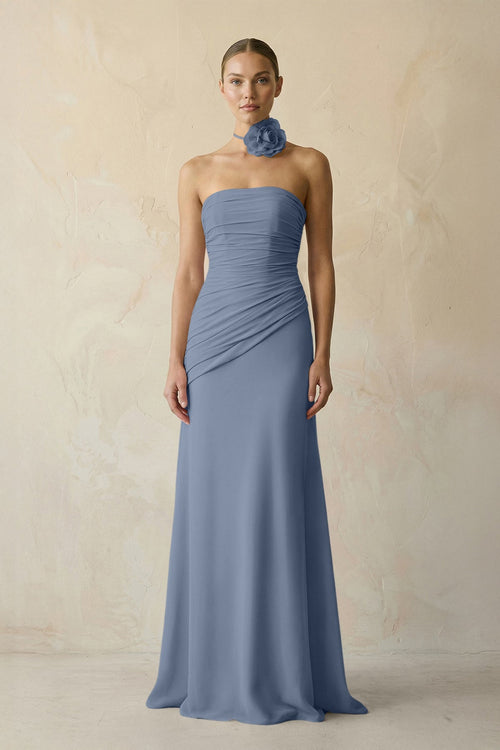 Sheath Chiffon Strapless Pleated Bridesmaid Dress in Neptune - KISS BRIDAL Bridesmaid Dresses
