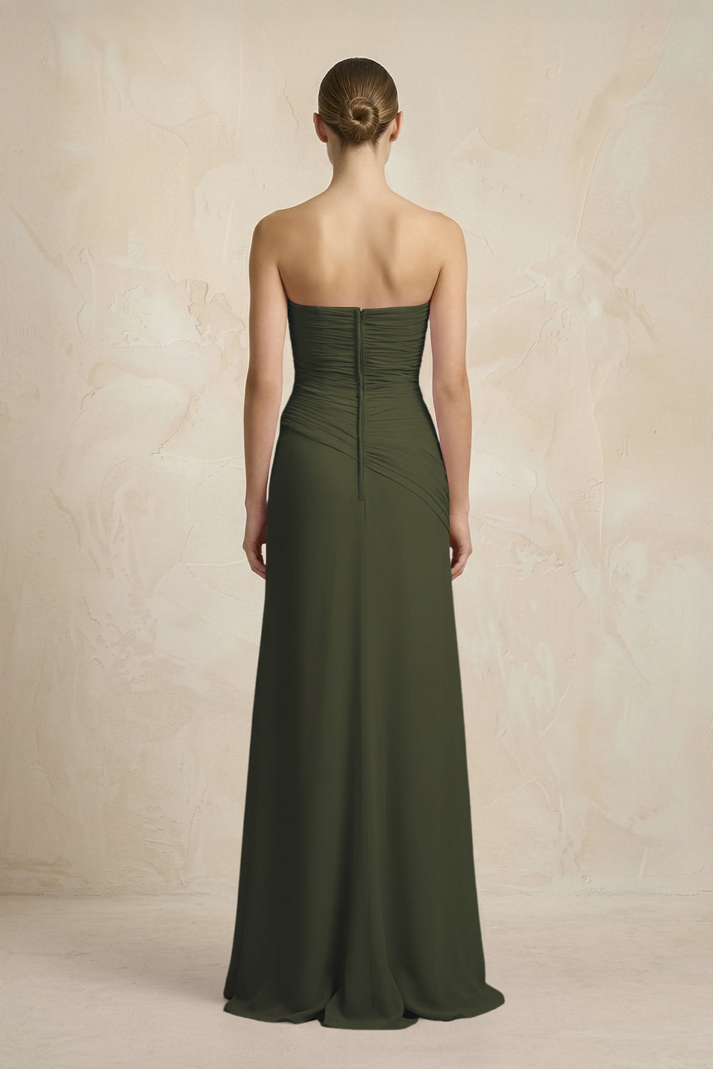 Sheath Chiffon Strapless Pleated Bridesmaid Dress in Olive
