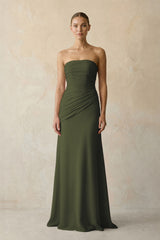 Sheath Chiffon Strapless Pleated Bridesmaid Dress in Olive | KISSBRIDAL