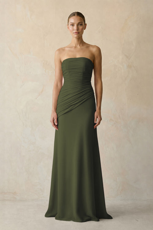 Sheath Chiffon Strapless Pleated Bridesmaid Dress in Olive | KISSBRIDAL