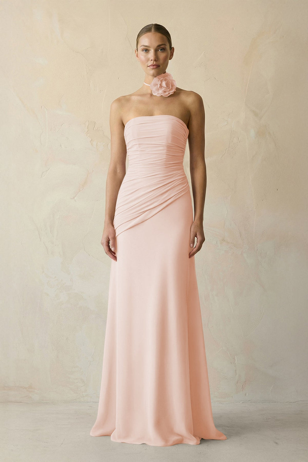 Sheath Chiffon Strapless Pleated Bridesmaid Dress in Pale Blush - KISS BRIDAL Bridesmaid Dresses