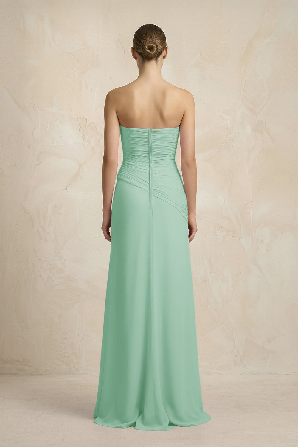 Sheath Chiffon Strapless Pleated Bridesmaid Dress in Pale Pistachio - KISS BRIDAL Bridesmaid Dresses