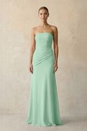 Sheath Chiffon Strapless Pleated Bridesmaid Dress in Pale Pistachio | KISSBRIDAL