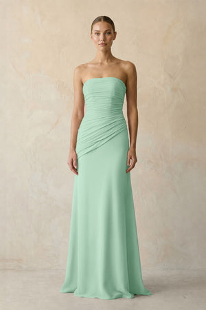Sheath Chiffon Strapless Pleated Bridesmaid Dress in Pale Pistachio | KISSBRIDAL