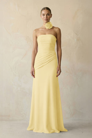 Sheath Chiffon Strapless Pleated Bridesmaid Dress in Pastel Yellow - KISS BRIDAL Bridesmaid Dresses