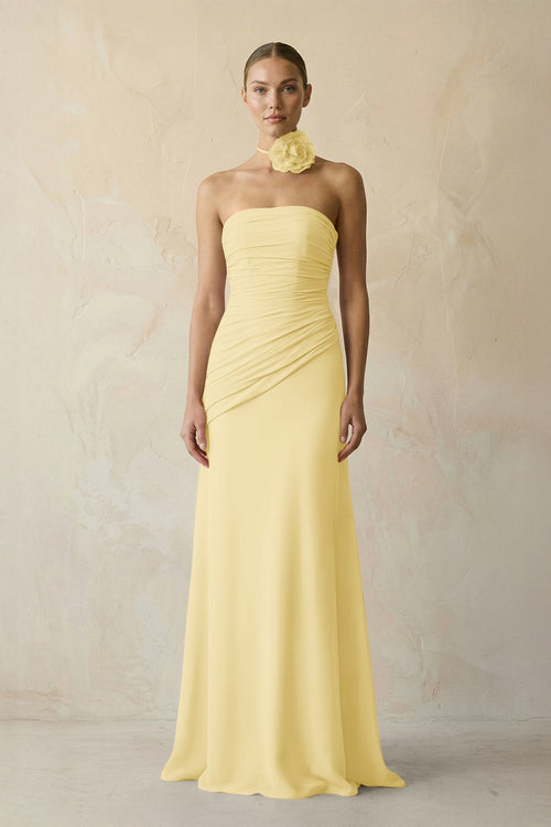 Sheath Chiffon Strapless Pleated Bridesmaid Dress in Pastel Yellow - KISS BRIDAL Bridesmaid Dresses