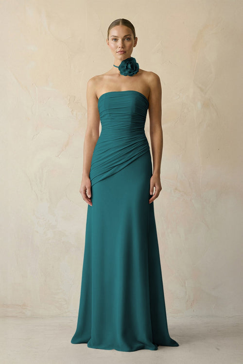 Sheath Chiffon Strapless Pleated Bridesmaid Dress in Pine - KISS BRIDAL Bridesmaid Dresses