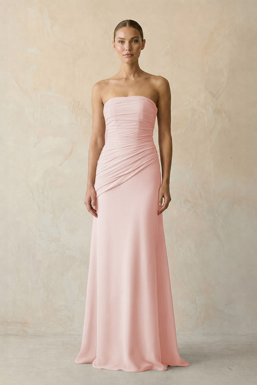 Sheath Chiffon Strapless Pleated Bridesmaid Dress in Rose Petal | KISSBRIDAL