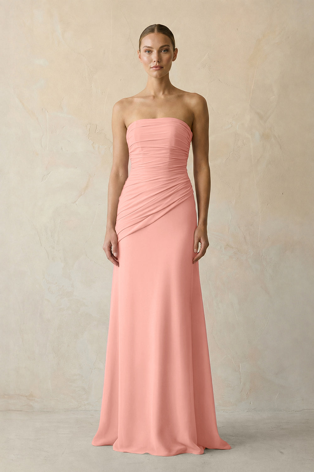 Sheath Chiffon Strapless Pleated Bridesmaid Dress in Rosette