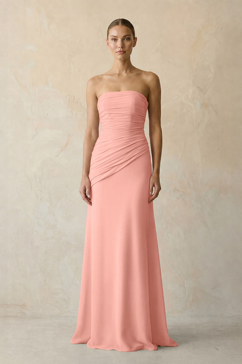 Sheath Chiffon Strapless Pleated Bridesmaid Dress in Rosette | KISSBRIDAL
