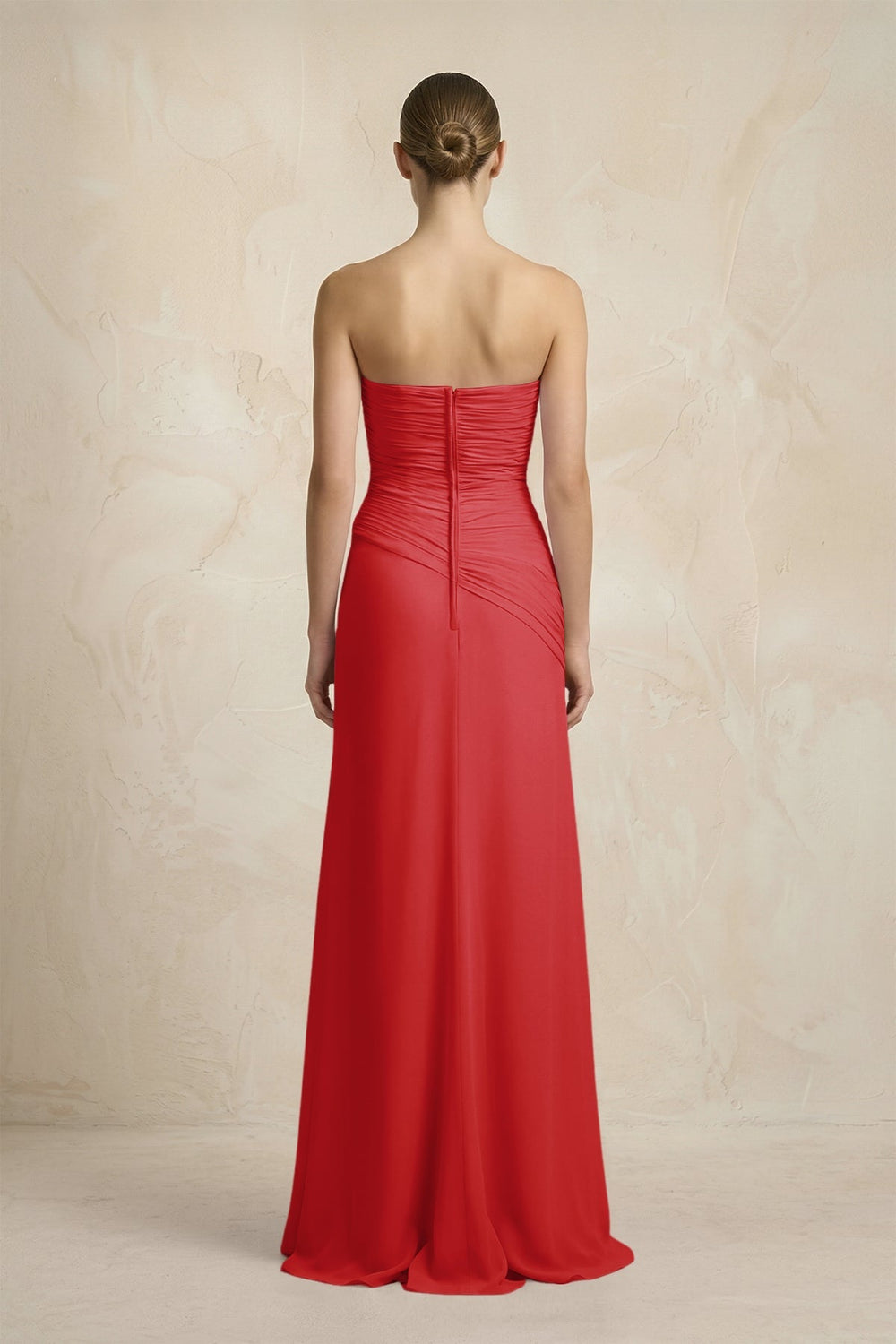 Sheath Chiffon Strapless Pleated Bridesmaid Dress in Ruby Red - KISS BRIDAL Bridesmaid Dresses