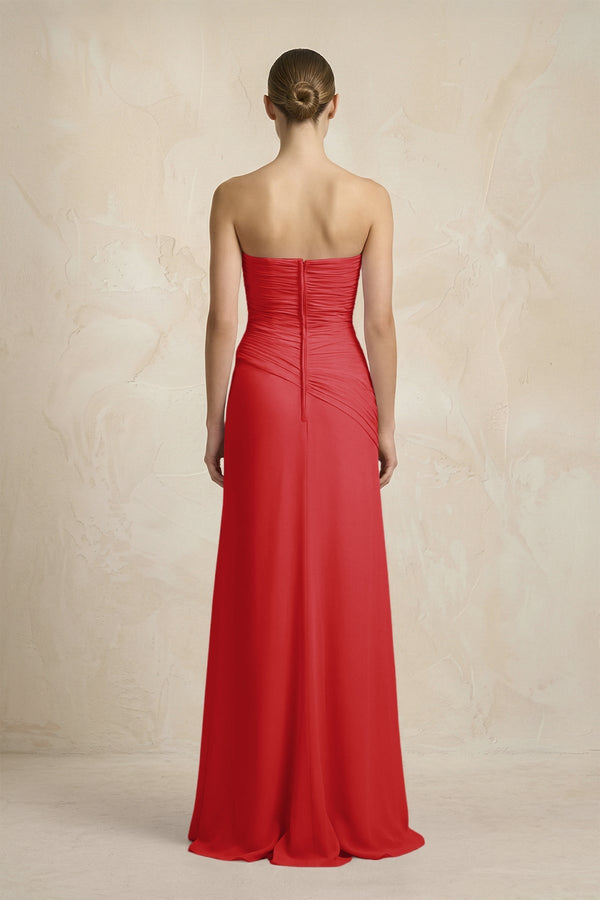 Sheath Chiffon Strapless Pleated Bridesmaid Dress in Ruby Red - KISS BRIDAL Bridesmaid Dresses