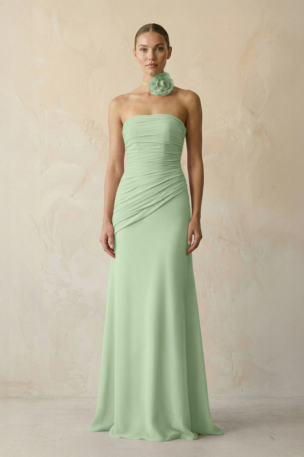 Sheath Chiffon Strapless Pleated Bridesmaid Dress in Sage - KISS BRIDAL Bridesmaid Dresses