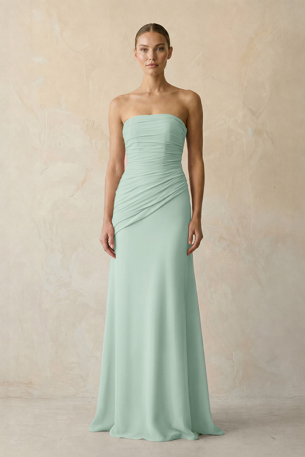 Sheath Chiffon Strapless Pleated Bridesmaid Dress in Sage