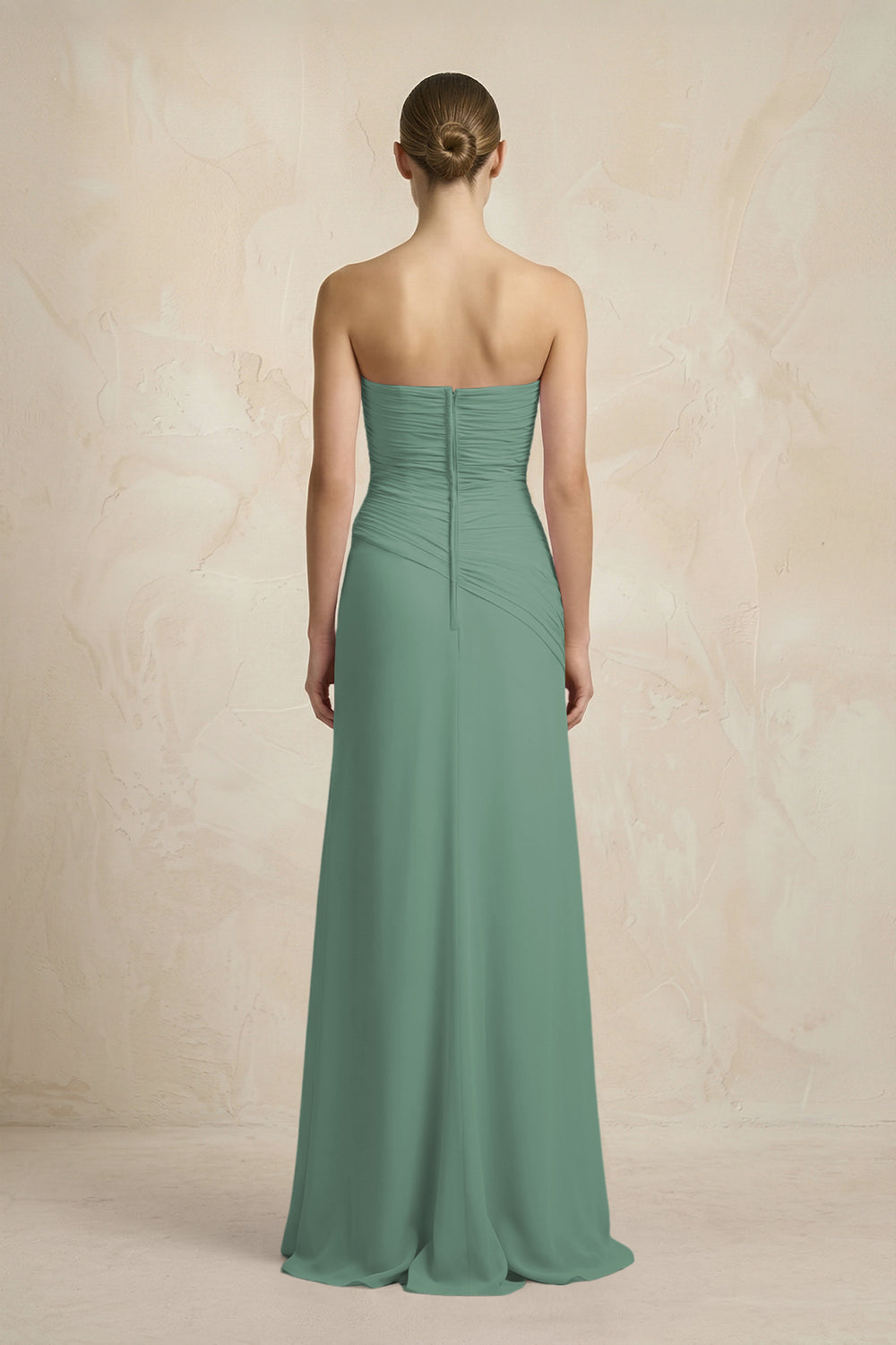 Sheath Chiffon Strapless Pleated Bridesmaid Dress in Sea Glass