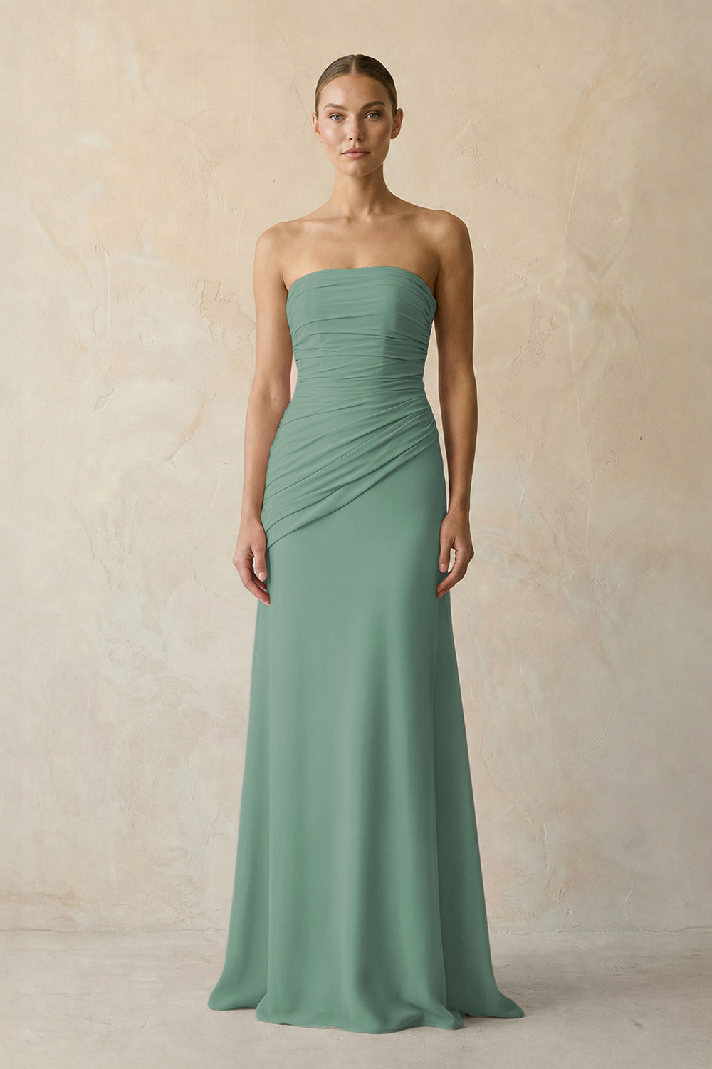 Sheath Chiffon Strapless Pleated Bridesmaid Dress in Sea Glass