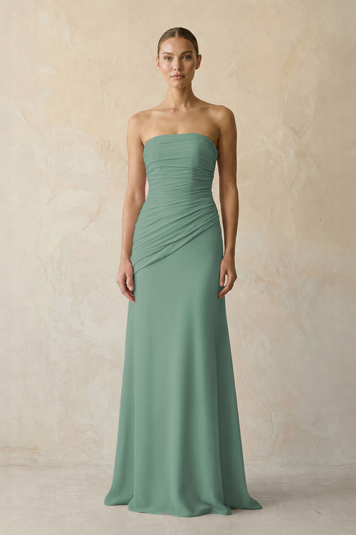 Sheath Chiffon Strapless Pleated Bridesmaid Dress in Sea Glass | KISSBRIDAL