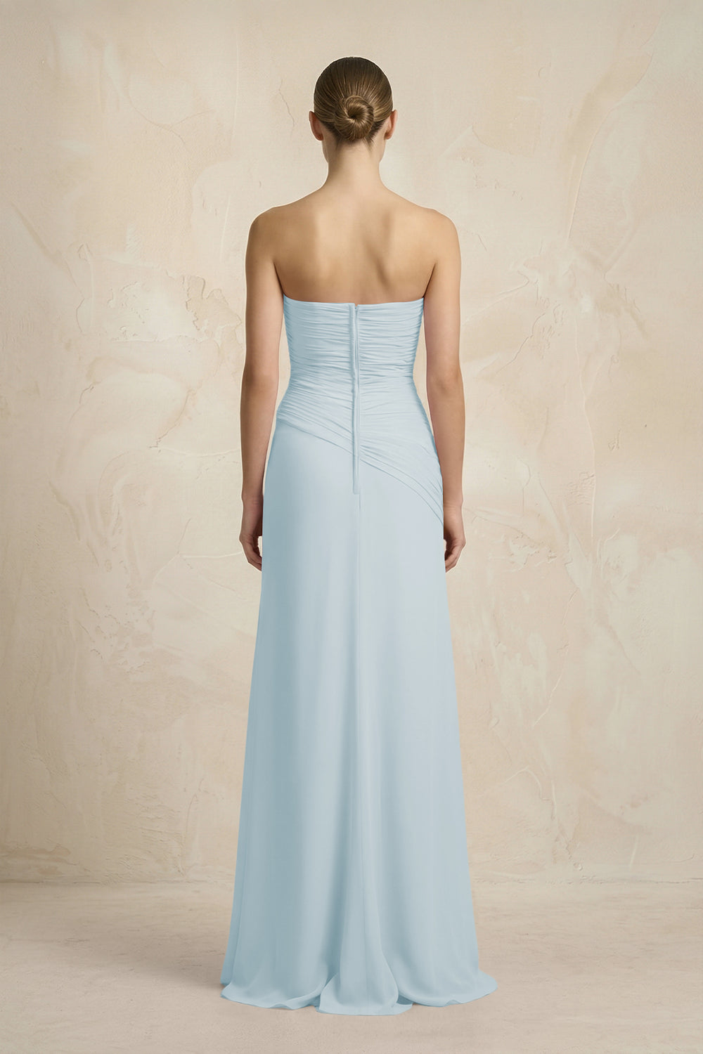 Sheath Chiffon Strapless Pleated Bridesmaid Dress in Sky Blue