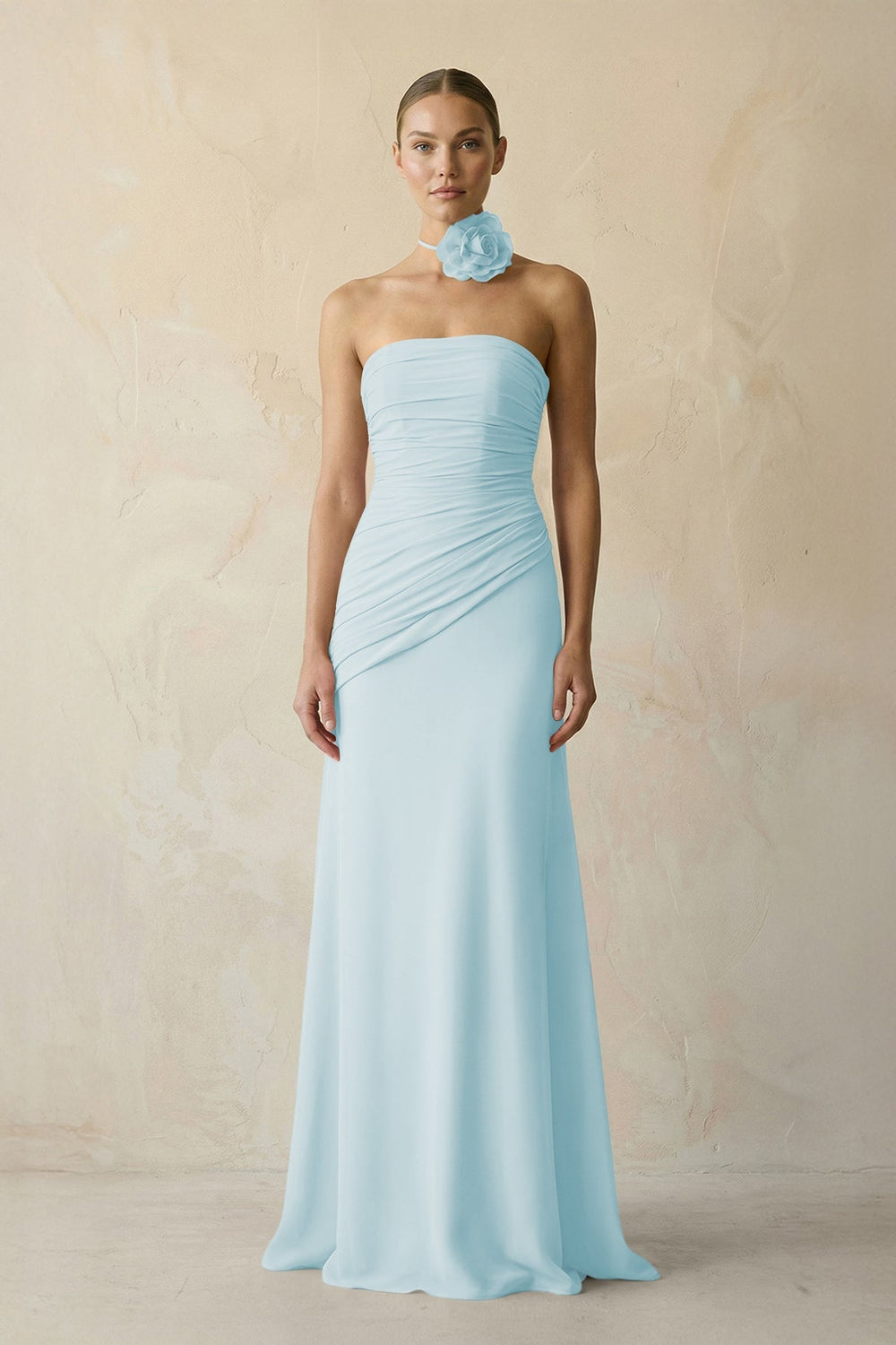 Sheath Chiffon Strapless Pleated Bridesmaid Dress in Sky Blue - KISS BRIDAL Bridesmaid Dresses