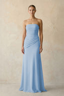 Sheath Chiffon Strapless Pleated Bridesmaid Dress in Steel Blue | KISSBRIDAL