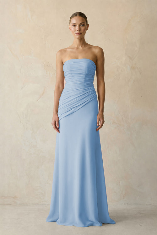 Sheath Chiffon Strapless Pleated Bridesmaid Dress in Steel Blue | KISSBRIDAL
