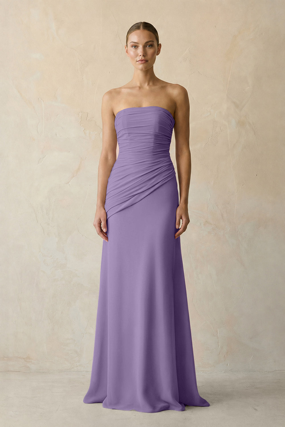 Sheath Chiffon Strapless Pleated Bridesmaid Dress in Tahiti