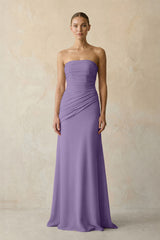 Sheath Chiffon Strapless Pleated Bridesmaid Dress in Tahiti | KISSBRIDAL