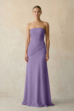 Sheath Chiffon Strapless Pleated Bridesmaid Dress in Tahiti | KISSBRIDAL