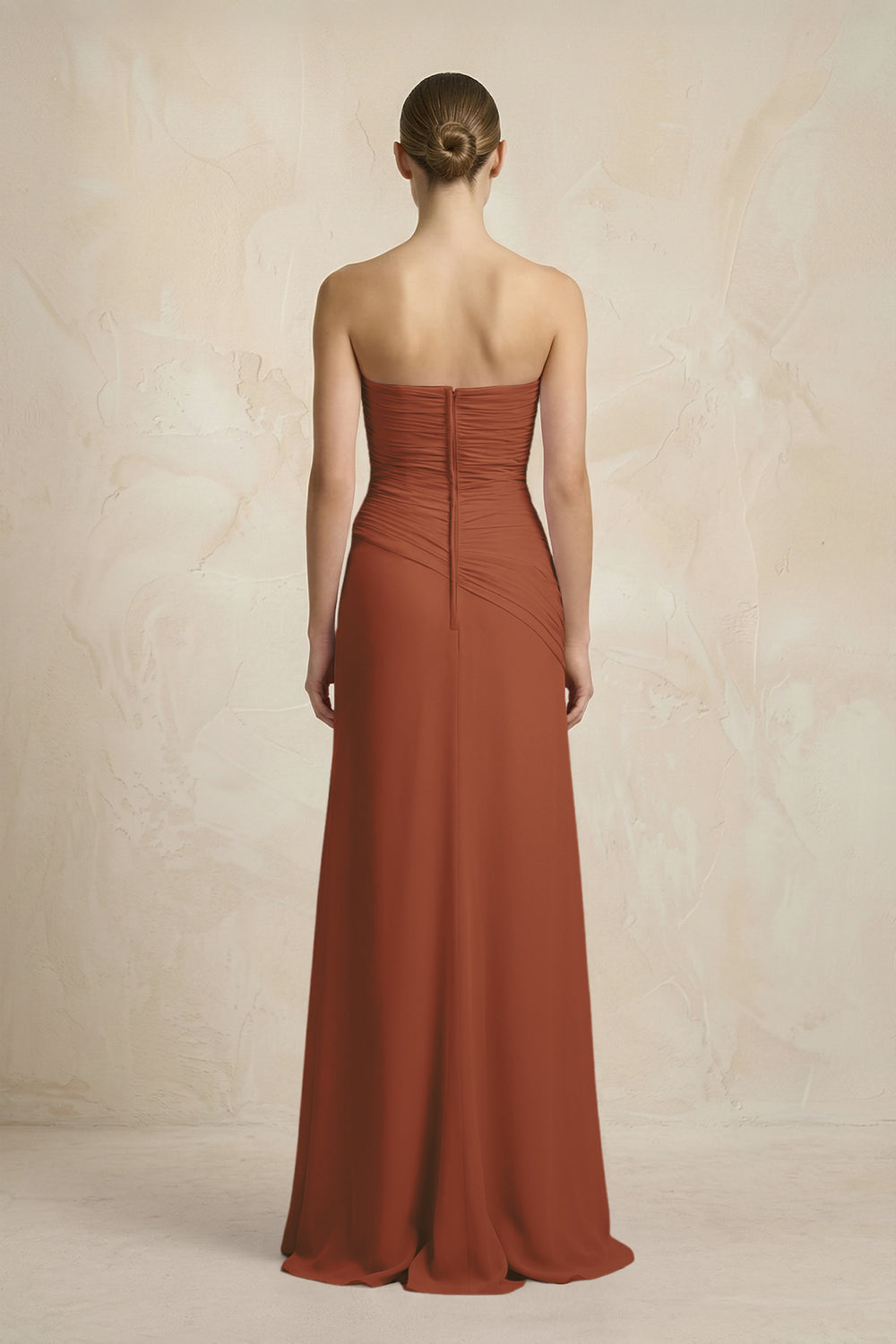Sheath Chiffon Strapless Pleated Bridesmaid Dress in Terracotta