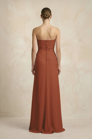 Sheath Chiffon Strapless Pleated Bridesmaid Dress in Terracotta (2) | KISSBRIDAL