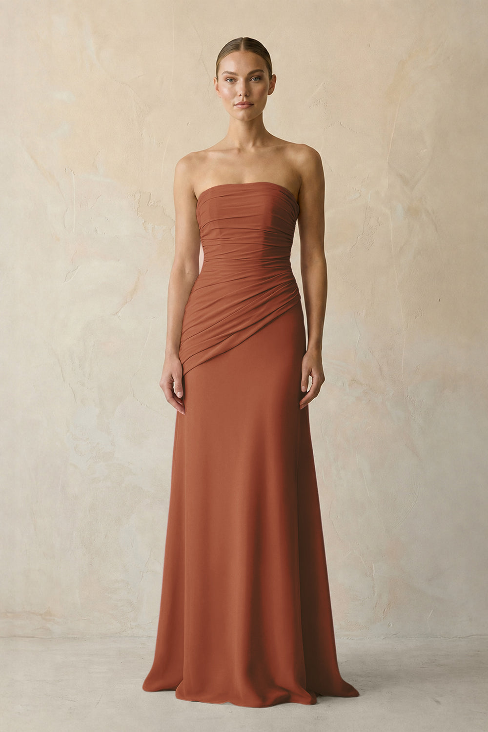 Sheath Chiffon Strapless Pleated Bridesmaid Dress in Terracotta