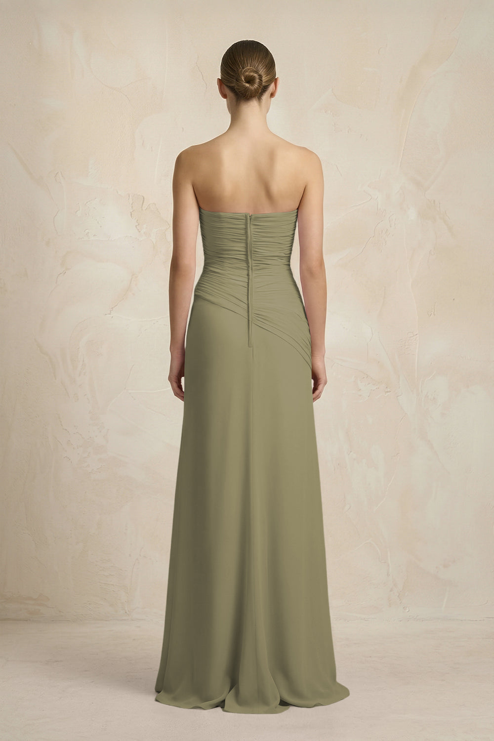 Sheath Chiffon Strapless Pleated Bridesmaid Dress in Thyme