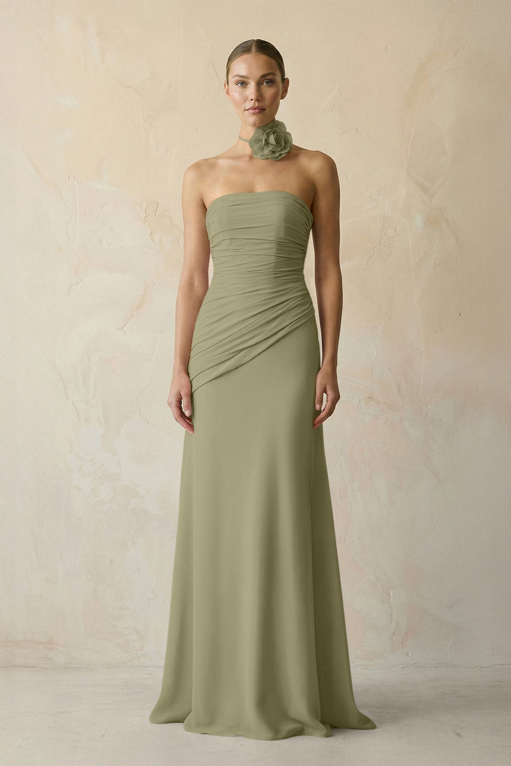 Sheath Chiffon Strapless Pleated Bridesmaid Dress in Thyme - KISS BRIDAL Bridesmaid Dresses