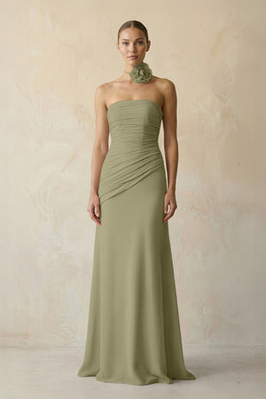 Sheath Chiffon Strapless Pleated Bridesmaid Dress in Thyme - KISS BRIDAL Bridesmaid Dresses