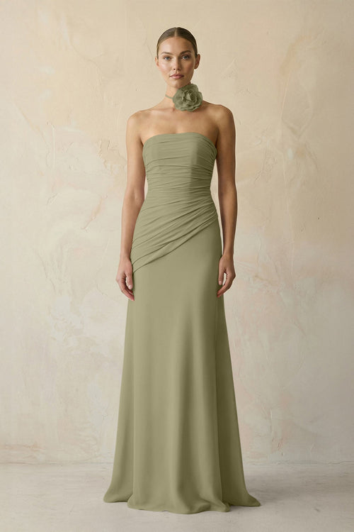 Sheath Chiffon Strapless Pleated Bridesmaid Dress in Thyme - KISS BRIDAL Bridesmaid Dresses