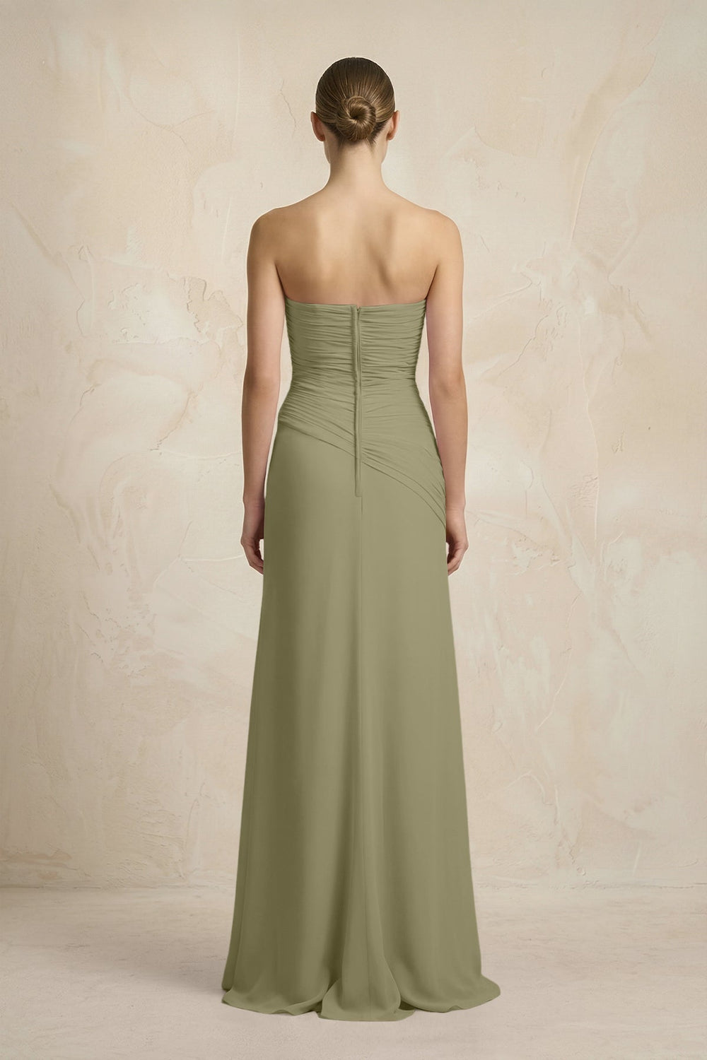 Sheath Chiffon Strapless Pleated Bridesmaid Dress in Thyme - KISS BRIDAL Bridesmaid Dresses