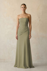 Sheath Chiffon Strapless Pleated Bridesmaid Dress in Thyme | KISSBRIDAL