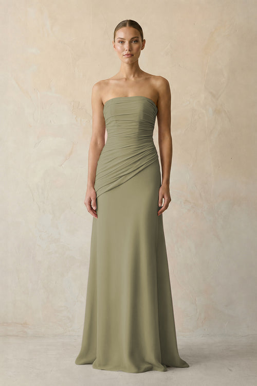 Sheath Chiffon Strapless Pleated Bridesmaid Dress in Thyme | KISSBRIDAL