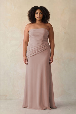 Sheath Chiffon Strapless Pleated Bridesmaid Dress in Toffee (3) [sizeplus] | KISSBRIDAL