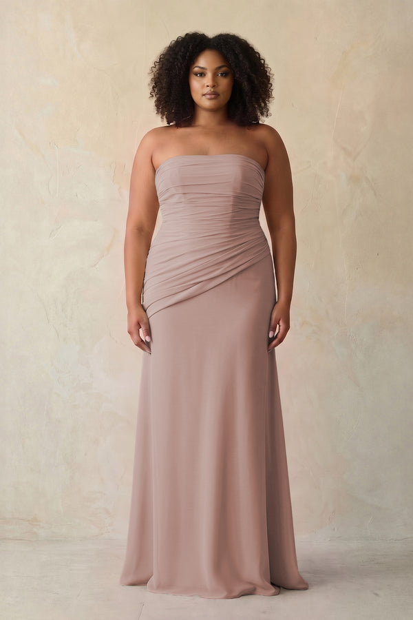Sheath Chiffon Strapless Pleated Bridesmaid Dress in Toffee (3) [sizeplus] | KISSBRIDAL