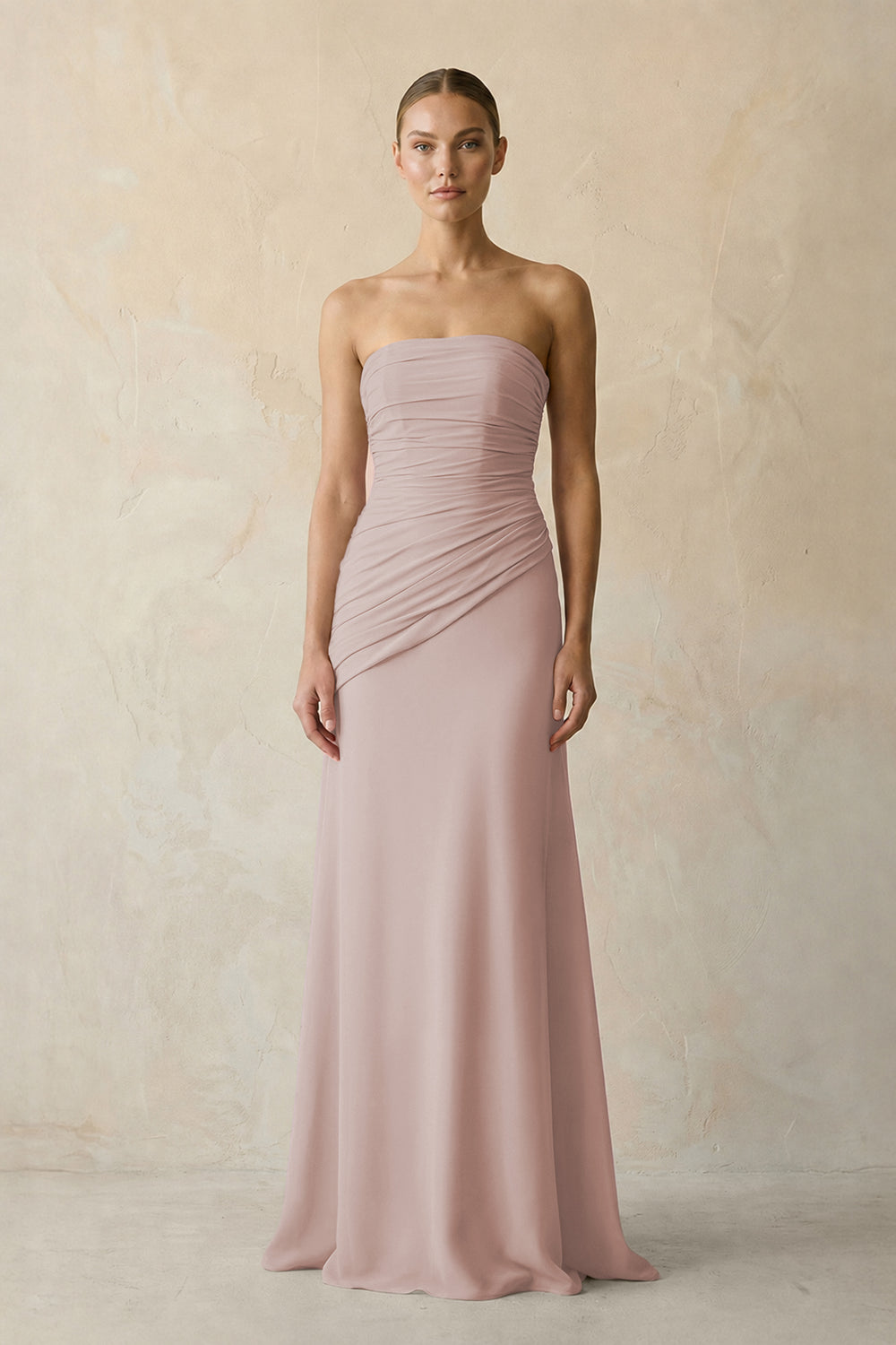 Sheath Chiffon Strapless Pleated Bridesmaid Dress in Toffee
