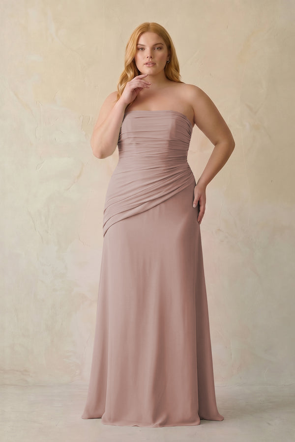 Sheath Chiffon Strapless Pleated Bridesmaid Dress in Toffee [sizeplus] | KISSBRIDAL
