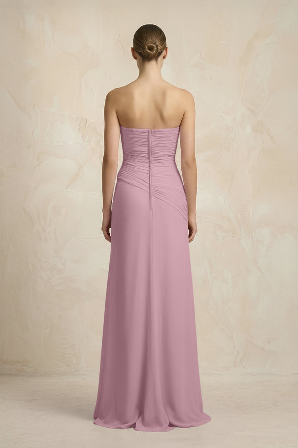 Sheath Chiffon Strapless Pleated Bridesmaid Dress in Vintage Mauve (2) | KISSBRIDAL