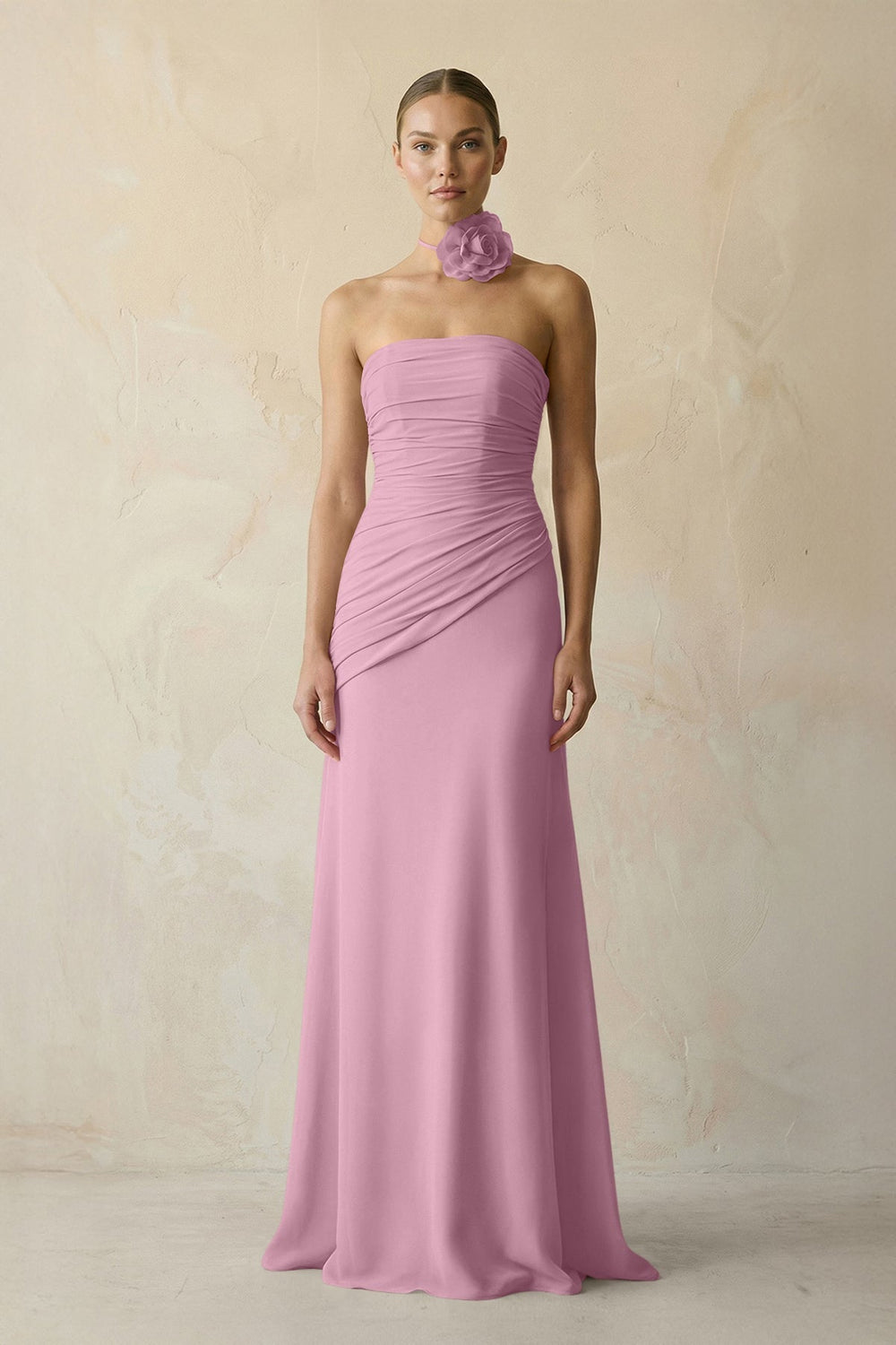 Sheath Chiffon Strapless Pleated Bridesmaid Dress in Vintage Mauve - KISS BRIDAL Bridesmaid Dresses