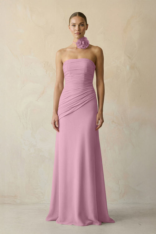 Sheath Chiffon Strapless Pleated Bridesmaid Dress in Vintage Mauve - KISS BRIDAL Bridesmaid Dresses