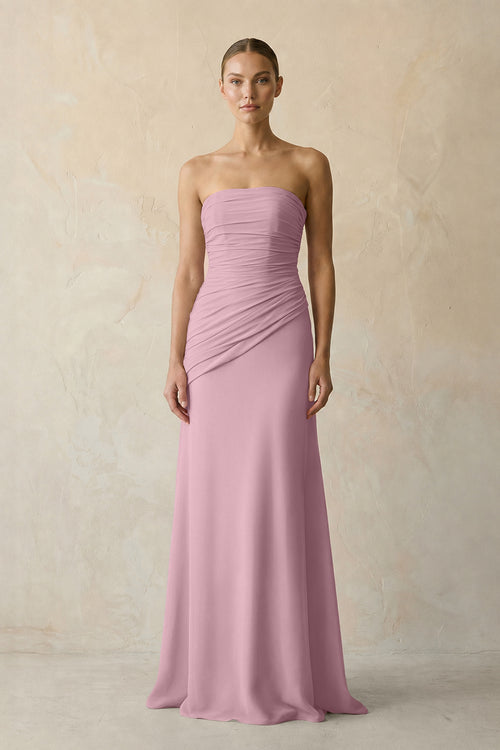 Sheath Chiffon Strapless Pleated Bridesmaid Dress in Vintage Mauve | KISSBRIDAL