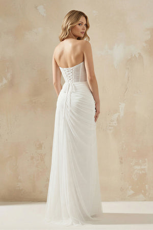 Sheath Sweetheart Tulle Wedding Dress With Slit in White - KISS BRIDAL Wedding Dresses
