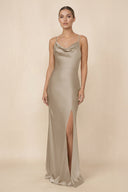 Sheath Cowl Neck Satin Bridesmaid Dress With Slit in Almond - KISS BRIDAL Bridesmaid Dresses