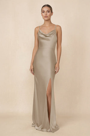 Sheath Cowl Neck Satin Bridesmaid Dress With Slit in Almond - KISS BRIDAL Bridesmaid Dresses