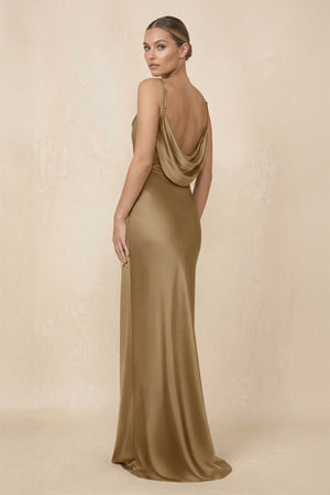 Sheath Cowl Neck Satin Bridesmaid Dress With Slit in Apple Cinnamon - KISS BRIDAL Bridesmaid Dresses